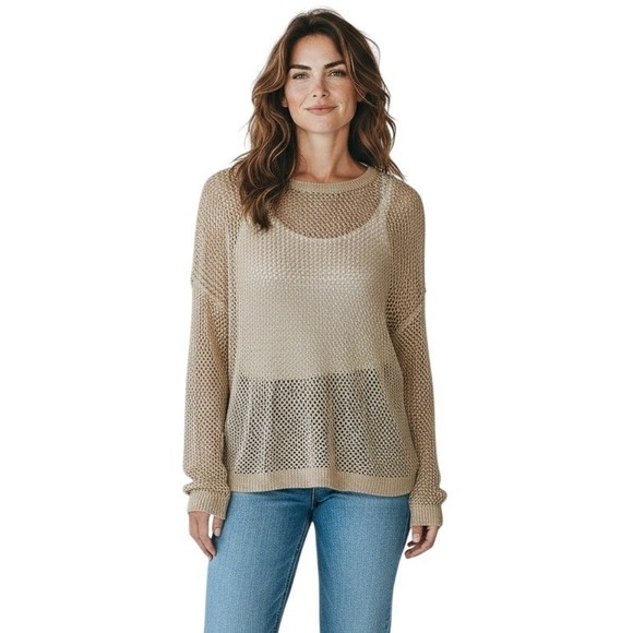 Minnie Rose Sweaters - MINNIE ROSE Gold Mesh Sweater Sz L Metallic Tan Crochet Knit Hampton Boho Beachy